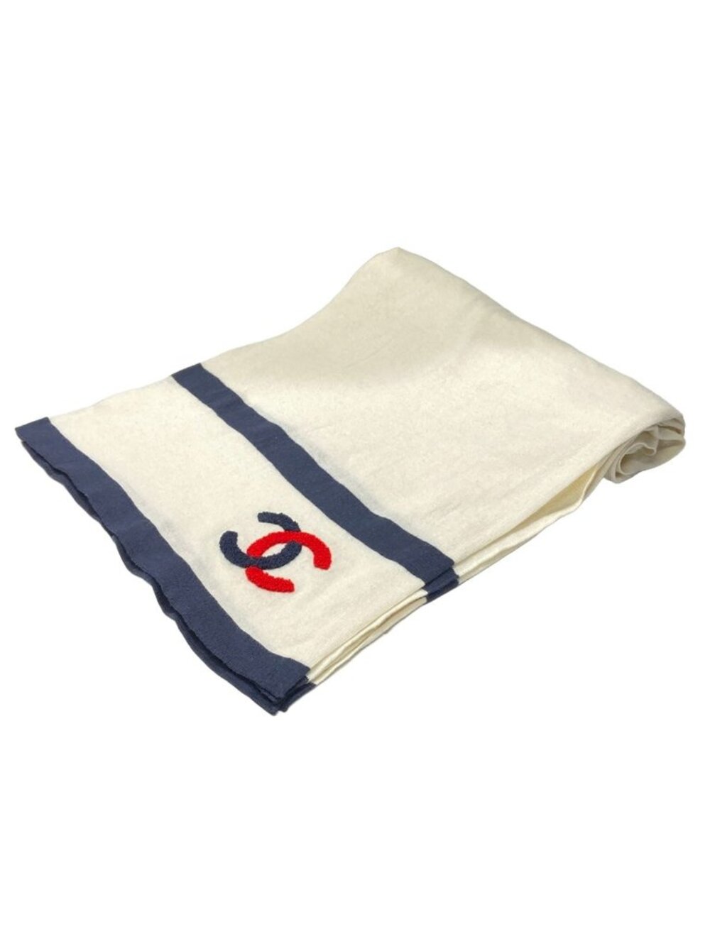 Chanel Scarf Ivory Dark Navy Red CC Logo Cotton Cashmere